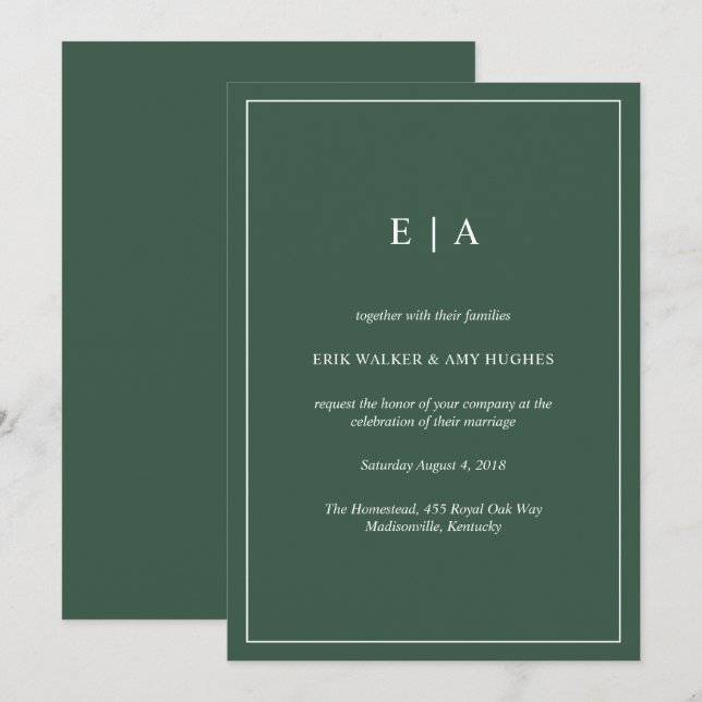 Minimal monogram forest green wedding invitation (Front/Back)