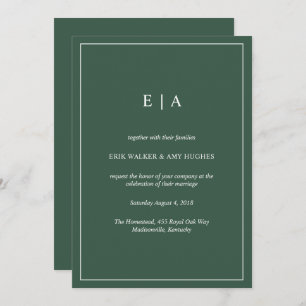 Minimal monogram forest green wedding invitation