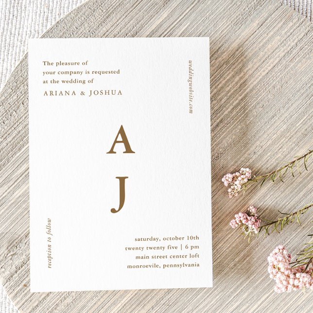 Minimal Monogram Golden Brown Wedding Invitation (Creator Uploaded)