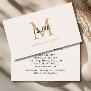 Minimal, Monogram, Handwriting, Beige Business Card