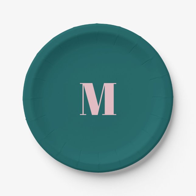 Minimal Monogram Inital Letter Green Pink Paper Plate (Front)