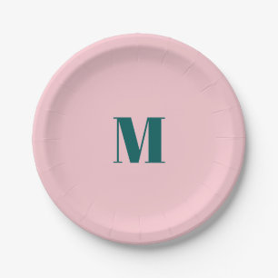 Minimal Monogram Inital Letter Green Pink Paper Plate