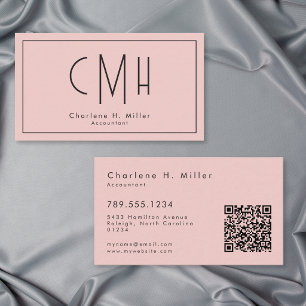 Minimal Monogram Modern Blush Pink QR Professional Business Card