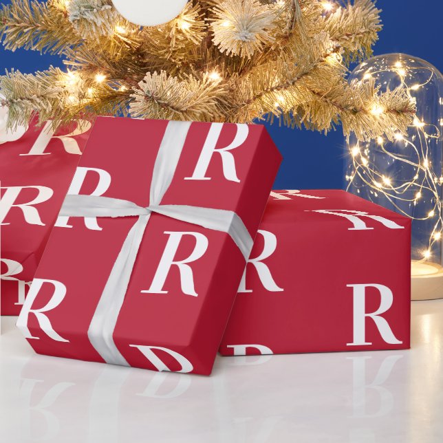 Minimal Monogram Modern Red Christmas Wrapping Paper (Holidays)