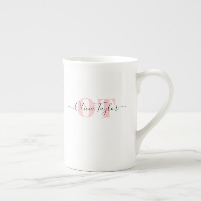Minimal Monogram Modern Script Blush Personalised Bone China Mug (Right)