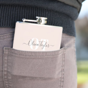 Minimal Monogram Modern Script Blush Personalised Hip Flask