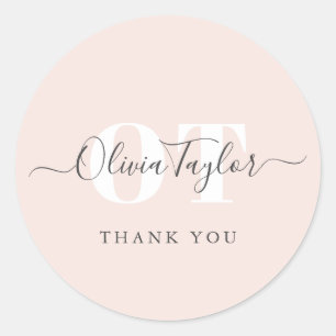 Minimal Monogram Modern Script Blush Thank You Classic Round Sticker