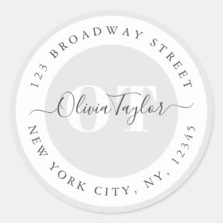 Minimal Monogram Modern Script Grey Return Address Classic Round Sticker