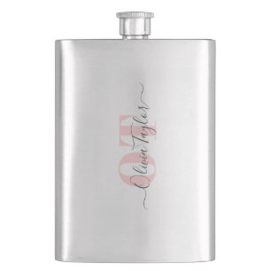 Minimal Monogram Modern Script Pink Personalised Hip Flask
