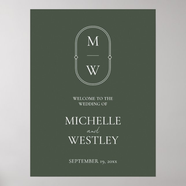 Minimal Monogram Moss Green Wedding Welcome Sign (Front)