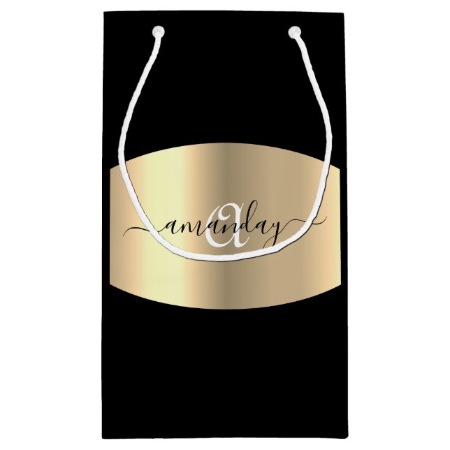 Minimal Monogram Name Gold Black Fashion Boutique Small Gift Bag (Back)