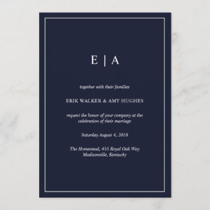 Minimal monogram navy blue wedding invitation
