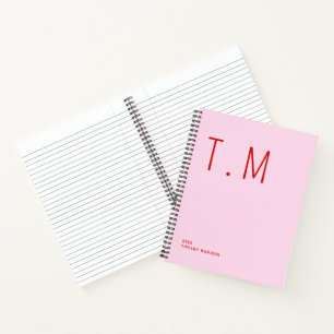 Minimal Monogram Pink and Red Custom Name Year Notebook