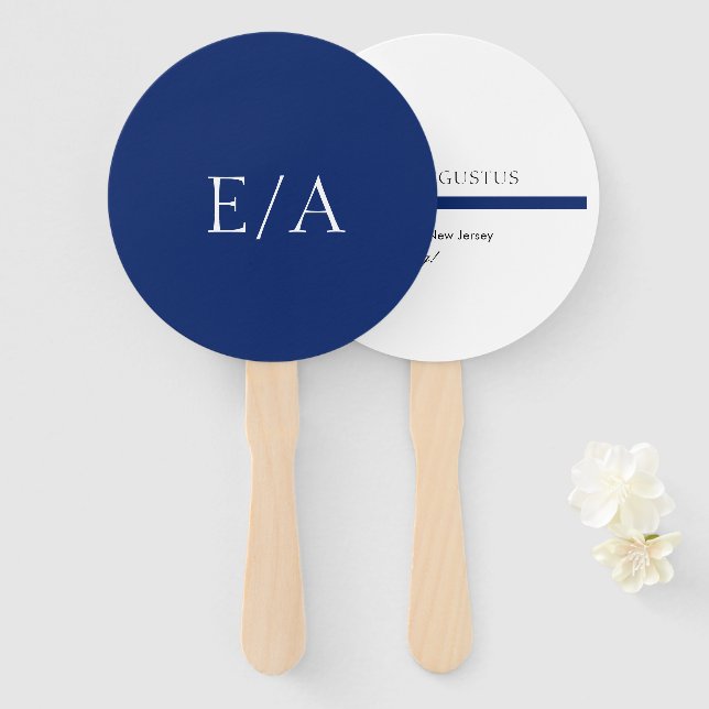 Minimal Monogram Simple Elegant Navy Blue Wedding Hand Fan (Front and Back)