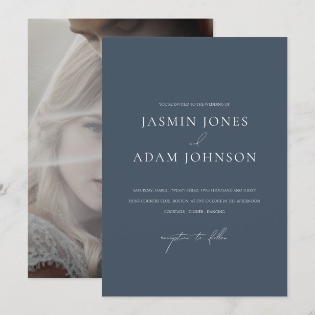 Minimal Monogram Slate Blue Photo Wedding Invitation (Front/Back)