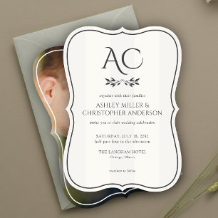 Minimal Monogram Striped Soft White Photo Wedding Invitation