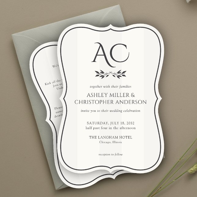 Minimal Monogram Striped White All-in-One Wedding Invitation (Creator Uploaded)