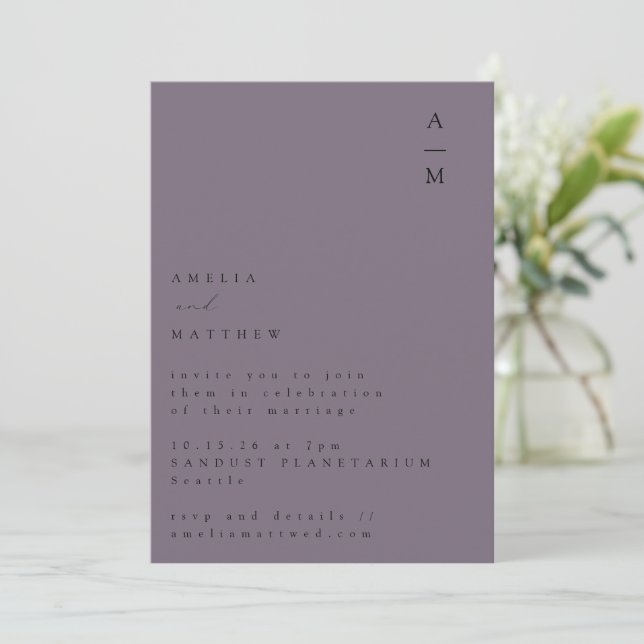 Minimal Monogram Trendy Chic Dusty Purple Wedding Invitation (Standing Front)