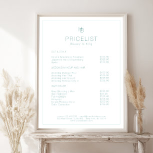 Minimal Monogram White Mint Salon Price List Poster