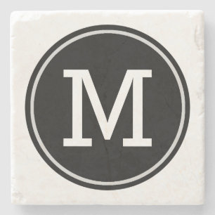Minimal Monogrammed Initial on Black Circle Stone Coaster
