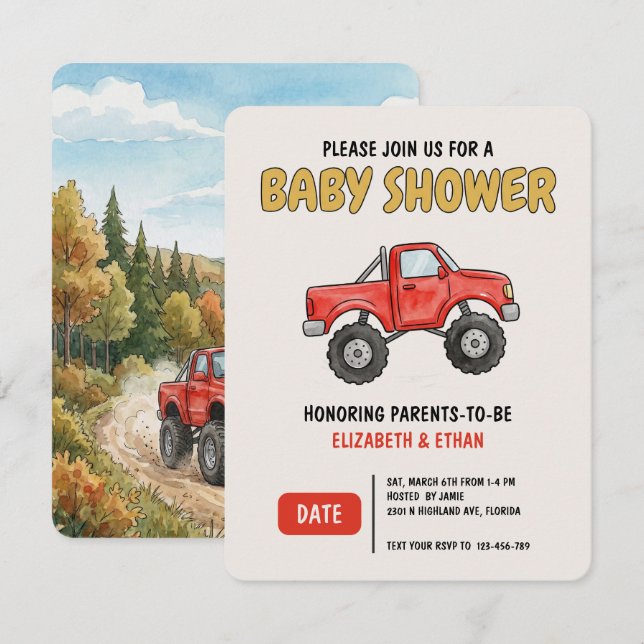 Minimal Monster Truck Red Baby Shower Invitation (Front/Back)