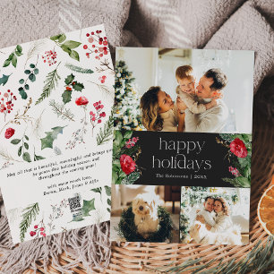 Minimal Moody Grey Botanical Greenery 3 Photo Holiday Card