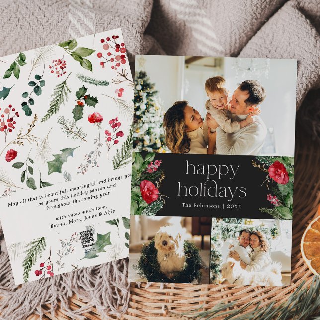 Minimal Moody Grey Botanical Greenery 3 Photo Holiday Card (Creator Uploaded)