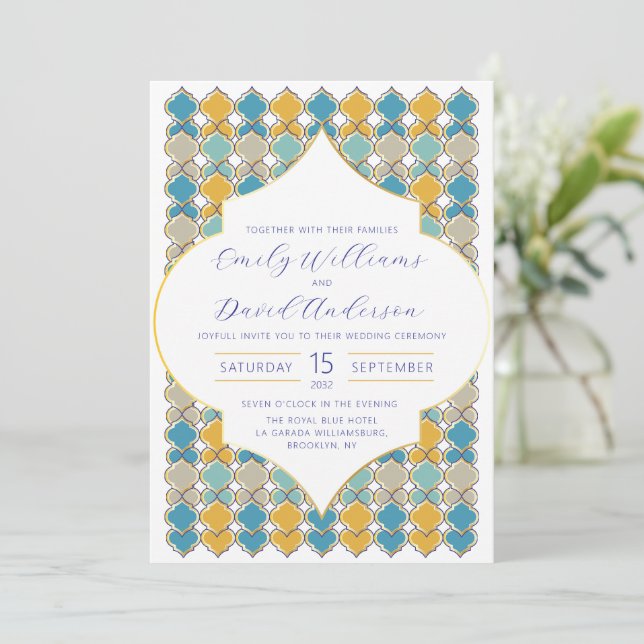 Minimal Moroccan Tiles Blue Golden QR Code Invitation (Standing Front)