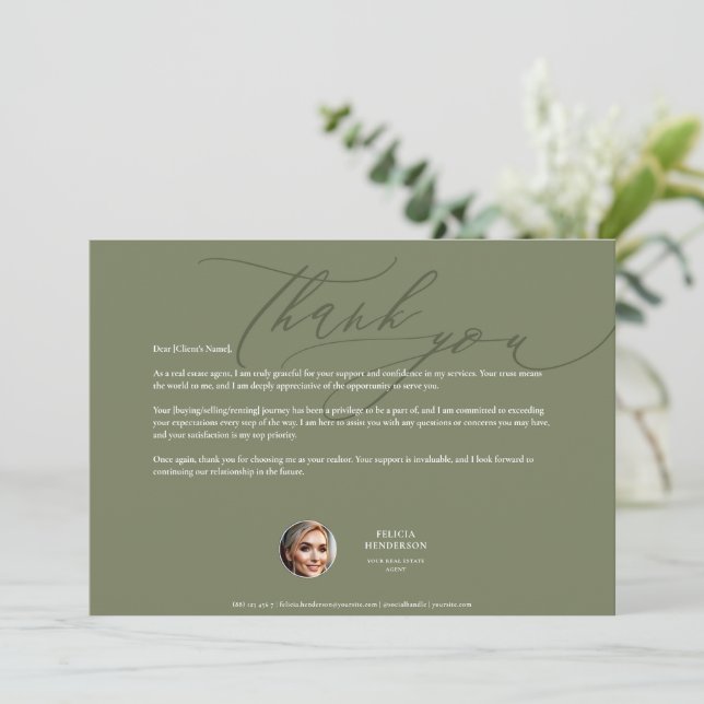 Minimal Mortgage Broker Real Estate Realtor Sage Thank You Card (Standing Front)