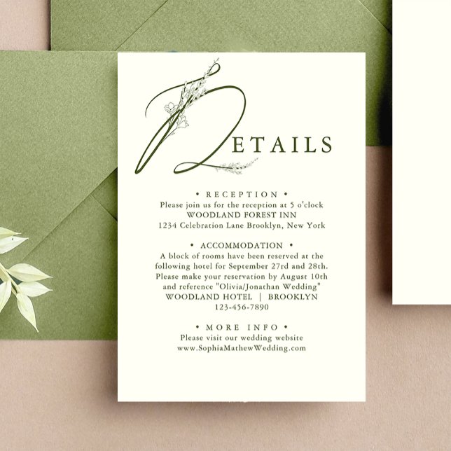 Minimal Moss Green Floral Monogram Wedding Details Enclosure Card (Creator Uploaded)