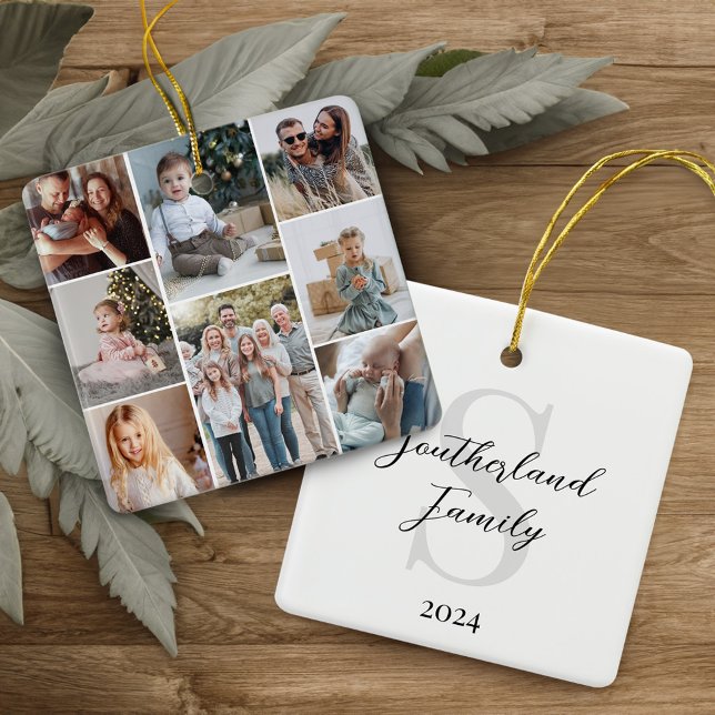 Minimal Multi Photo Collage Family Name Monogram Ceramic Ornament (Minimal Multi Photo Collage Family Name Monogram Ceramic Ornament)