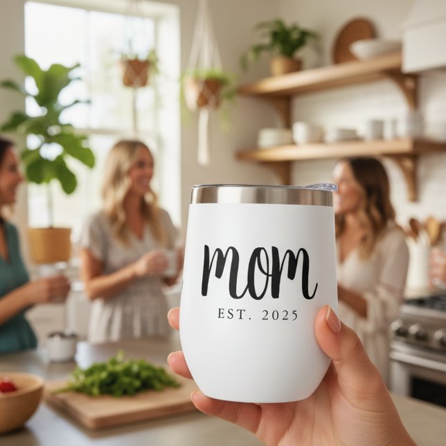 Minimal Mum Established Gift New Mum (modern black and white mom established wine tumbler for new mom gift or mother's day christmas ideas)