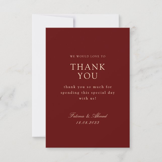 Minimal Muslim Burgundy Red Wedding Thank You Card (Front)