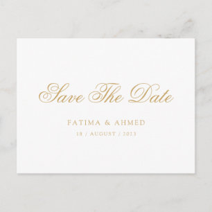 Minimal Muslim White Gold Script Save The Date Announcement Postcard