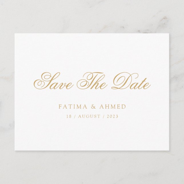 Minimal Muslim White Gold Script Save The Date Announcement Postcard (Front)
