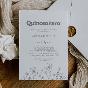 Minimal Muted Gray Wildflower Quinceañera Invitation