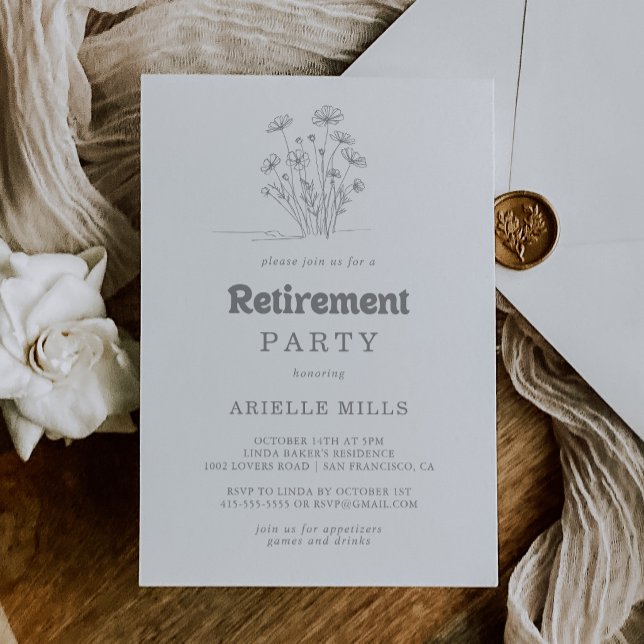 Minimal Muted Grey Wildflower Retirement Party Invitation (Creator Uploaded)