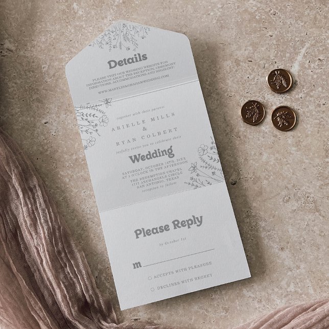 Minimal Muted Grey Wildflower Wedding     All In One Invitation (Creator Uploaded)