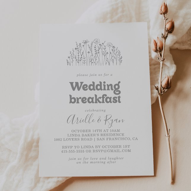 Minimal Muted Grey Wildflower Wedding Breakfast Invitation (Creator Uploaded)
