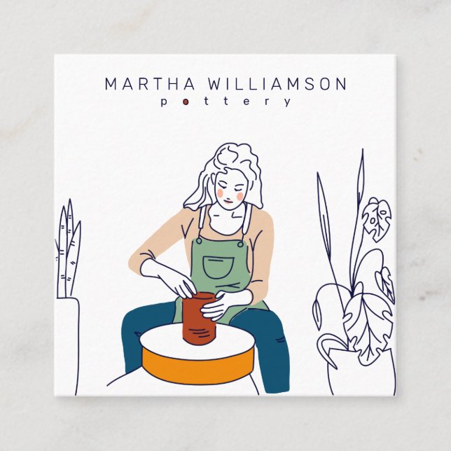 Minimal muted pastels woman illustration pottery square business card (Front)