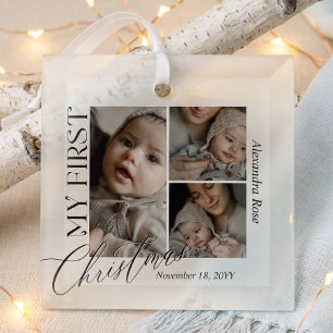 Minimal My First Christmas Baby Photo Collage Glass Tree Decoration