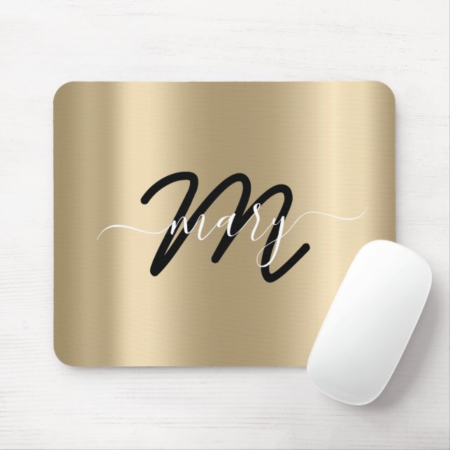 Minimal Name Monogram Gold Champagne Black Mouse Mat (With Mouse)