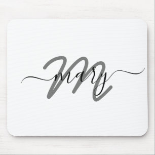 Minimal Name Monogram White Grey Grey Mouse Mat
