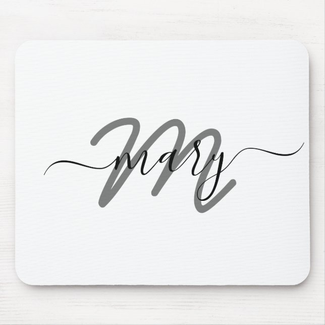 Minimal Name Monogram White Grey Grey Mouse Mat (Front)