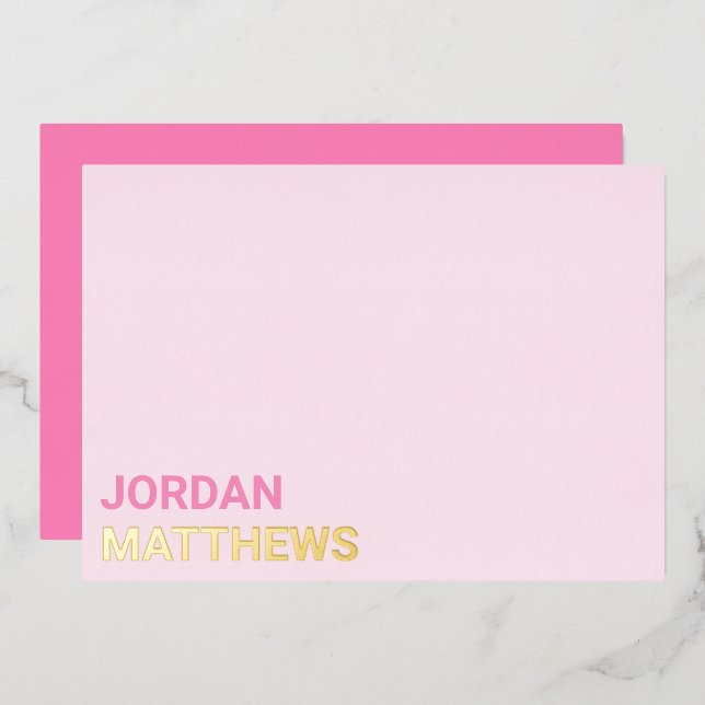 Minimal name silver gold real foil pink note card (Front/Back)