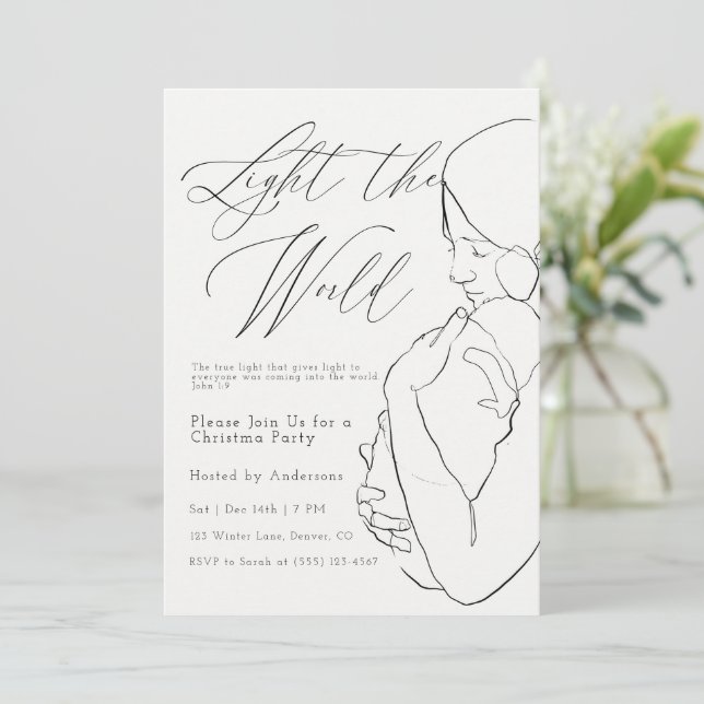 Minimal Nativity Line Light the World Christmas  Invitation (Standing Front)