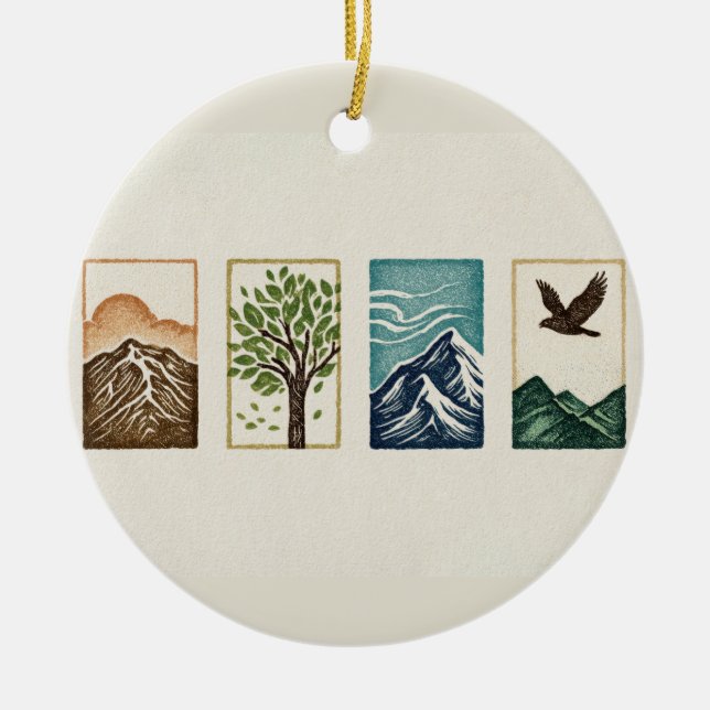 Minimal Nature Set – Mountain & Tree Art Ceramic Tree Decoration (Front)