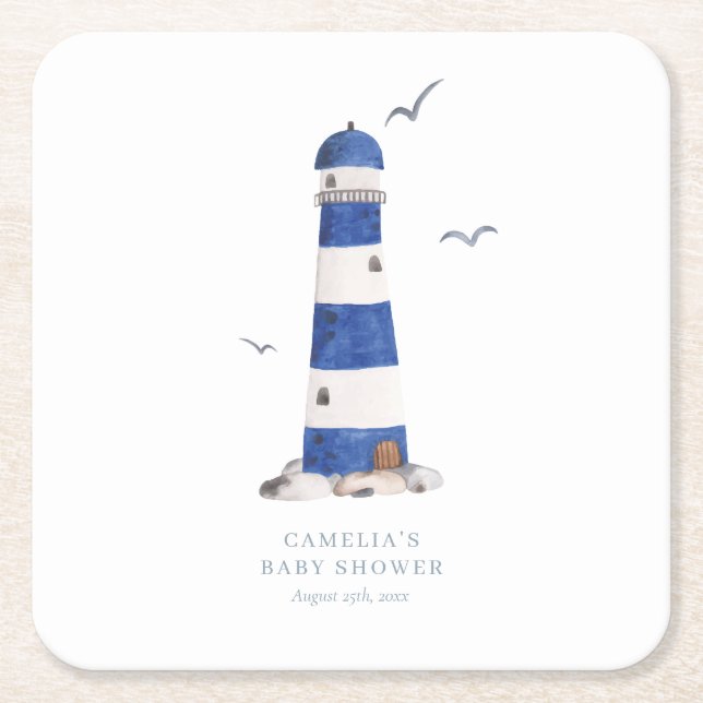 Minimal Nautical Lighthouse Baby Shower Ahoy Boy's Square Paper Coaster (Front)