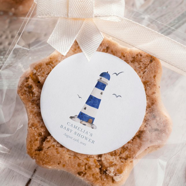 Minimal Nautical Lighthouse Baby Shower Ahoy Boy's Square Sticker (Creator Uploaded)