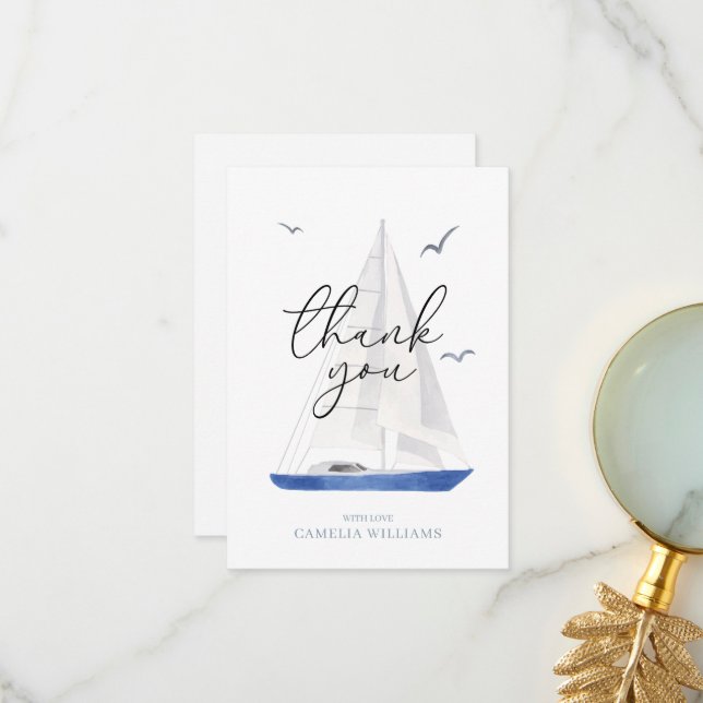 Minimal Nautical Sailboat Ahoy Boy's Thank You (Front/Back In Situ)